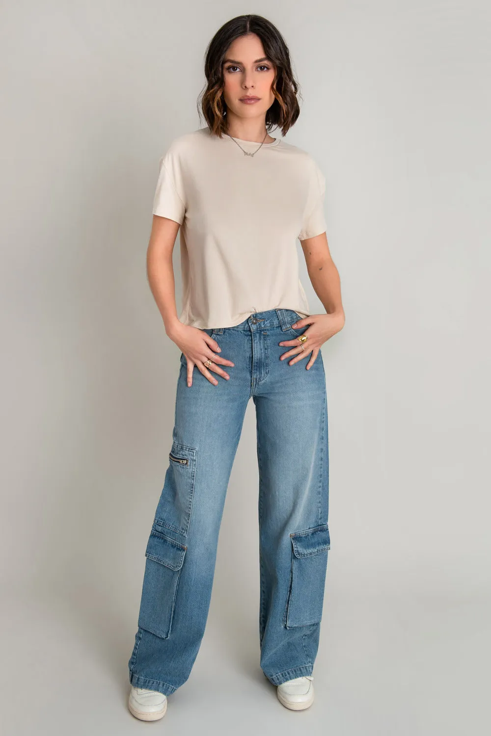 Pantalón cargo de denim multipocket cintura alta