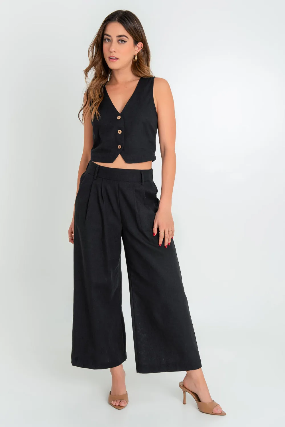 Pantalón de lino con pinzas fit culotte