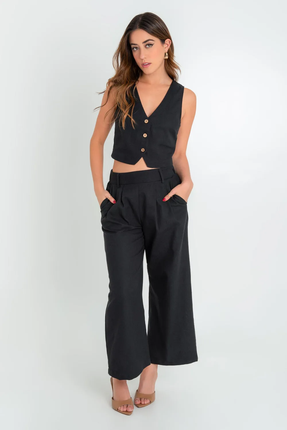 Pantalón de lino con pinzas fit culotte