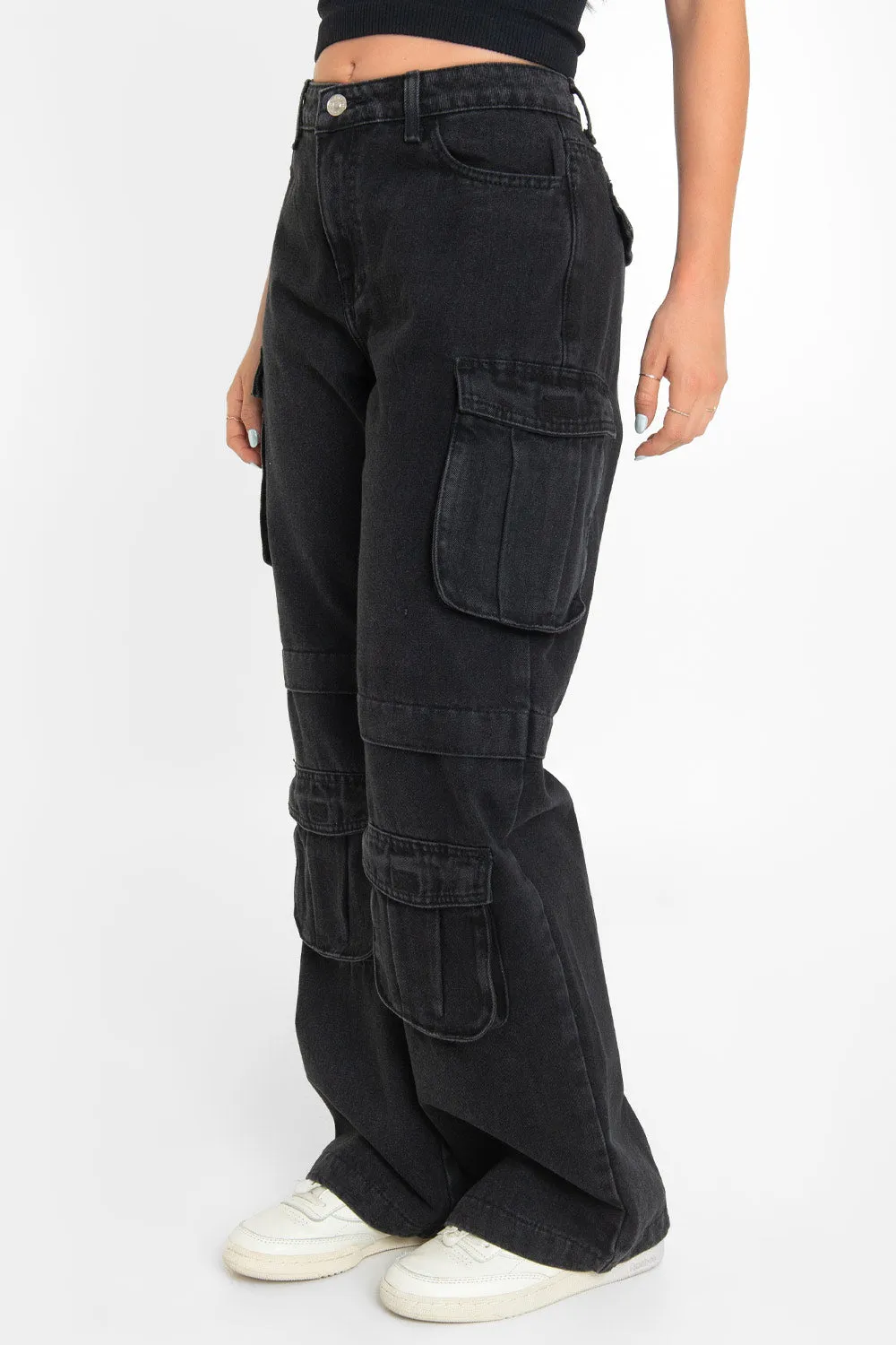 Pantalón multipocket cargo de denim cintura alta