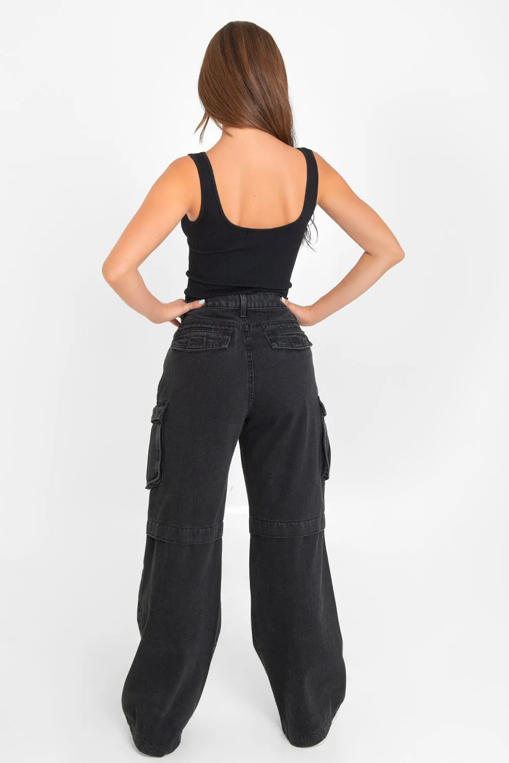 Pantalón multipocket cargo de denim cintura alta