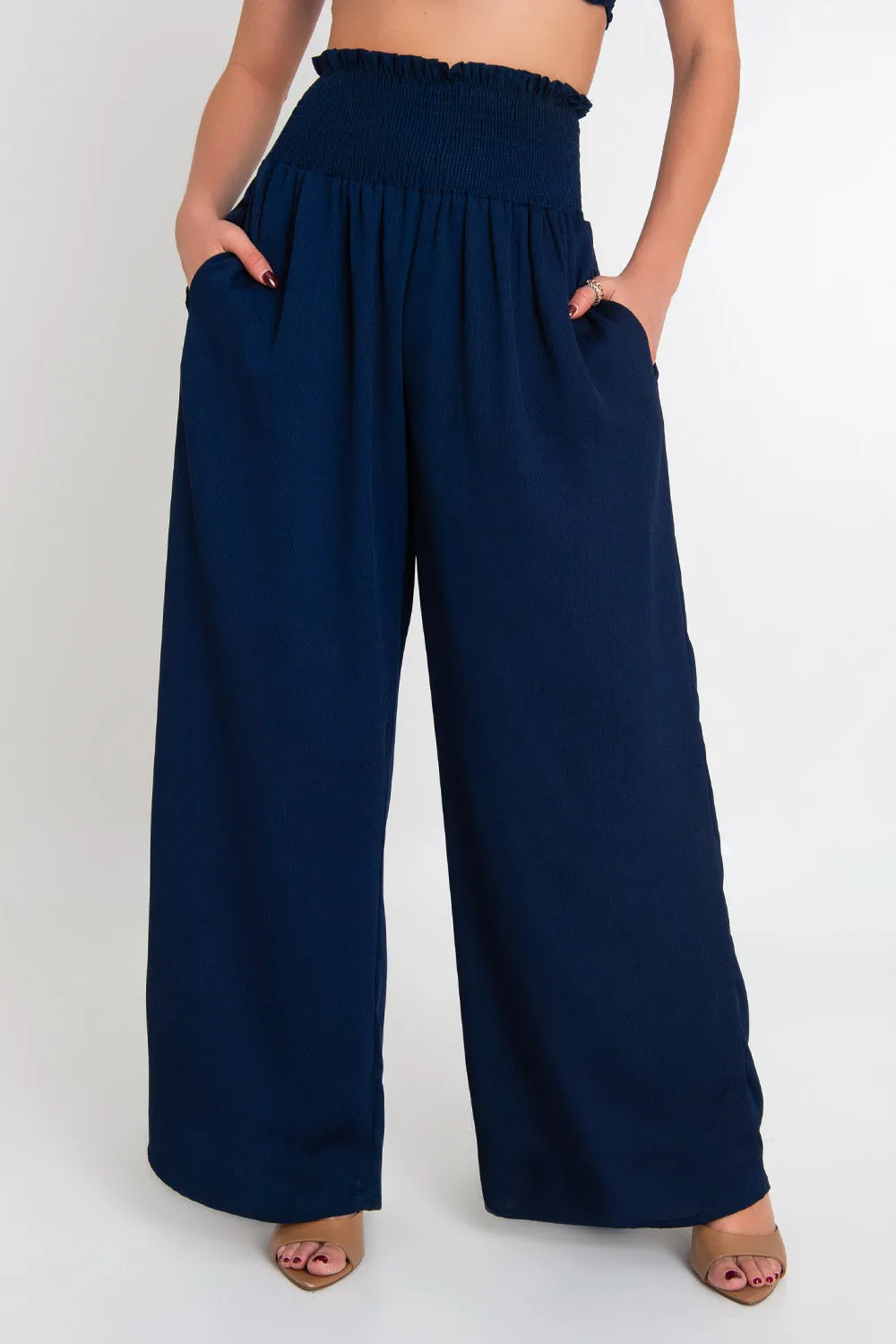 Pantalón wide leg fit cintura alta fruncida