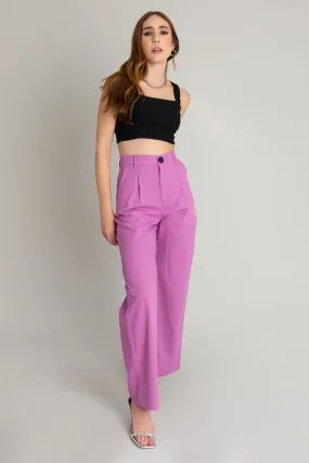 Pantalón wide leg tiro alto con botón en contraste