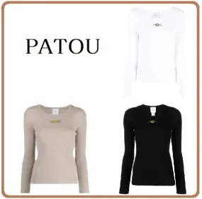 PATOU  |Rib Long Sleeves Plain Cotton Medium Logo V-neck & Crew neck