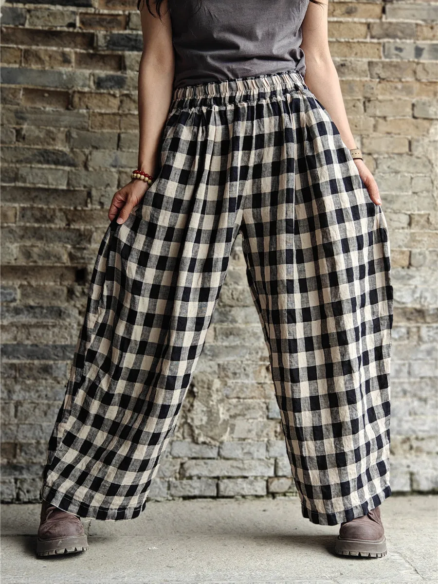 Plus Size Women Casual Plaid Cotton Linen Wide-leg Pants KL1031