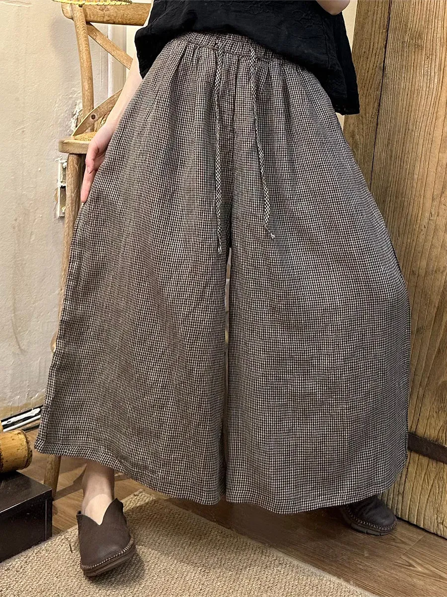 Plus Size Women Spring Plaid Wide-leg Cotton Linen Pants PA1024