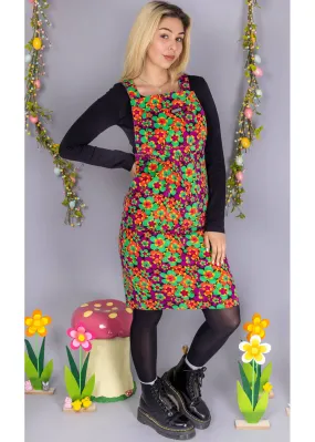 Run & Fly 70's Floral Corduroy Midi Pinafore Dress Purple Green