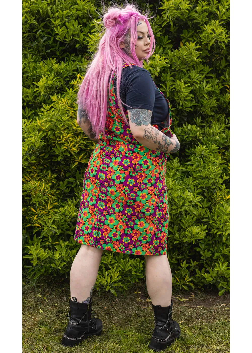 Run & Fly 70's Floral Corduroy Midi Pinafore Dress Purple Green