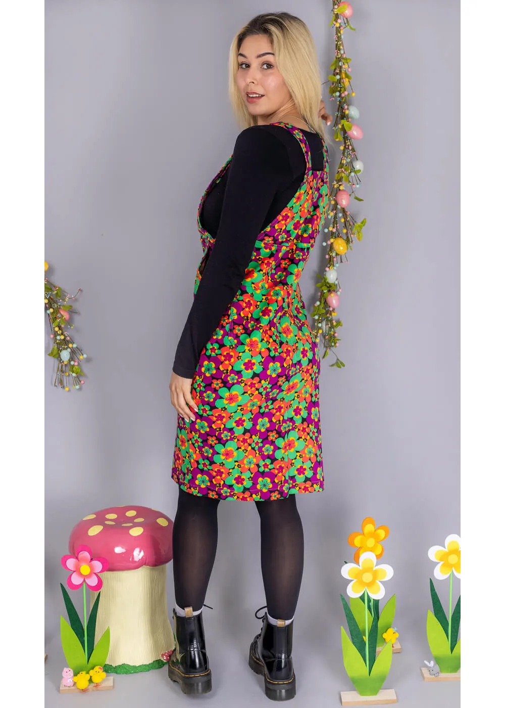 Run & Fly 70's Floral Corduroy Midi Pinafore Dress Purple Green