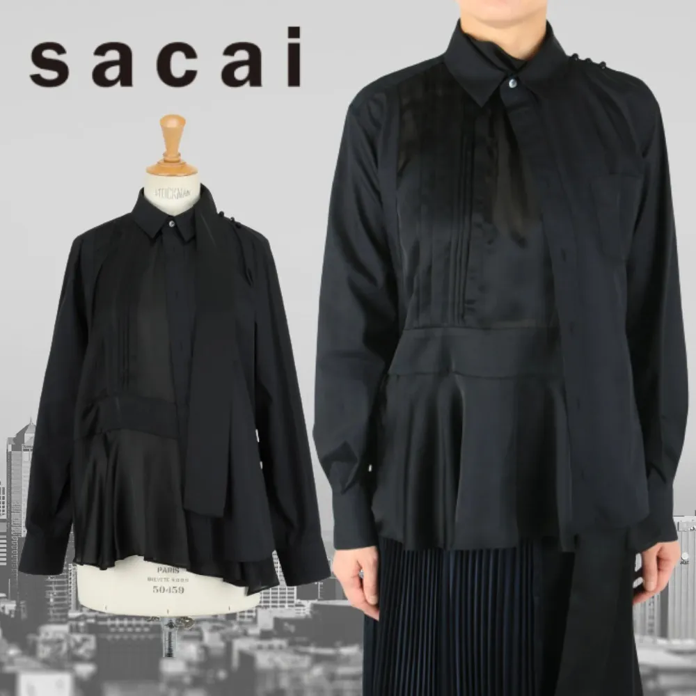 sacai  |Long Sleeves Plain Cotton Elegant Style Shirts & Blouses