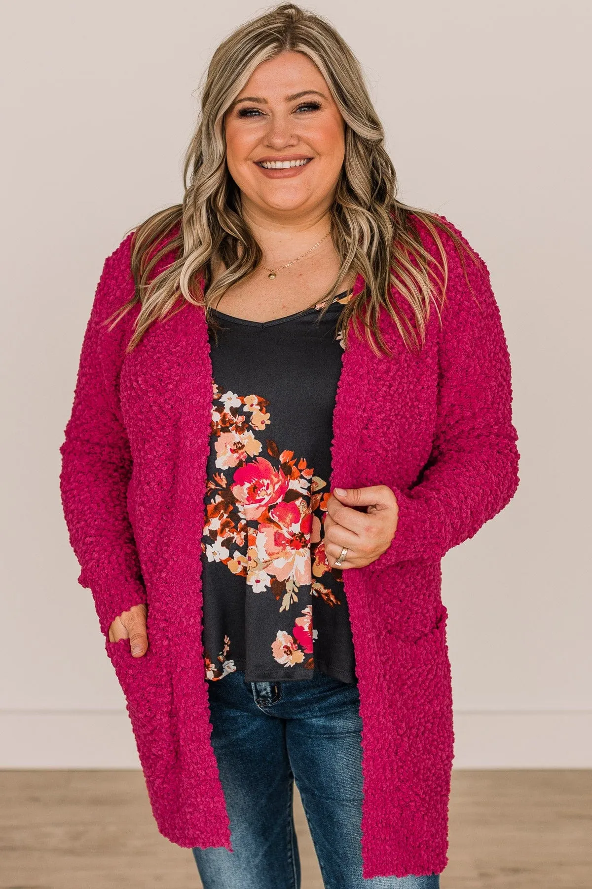 Take Another Look Popcorn Cardigan- Hot Pink