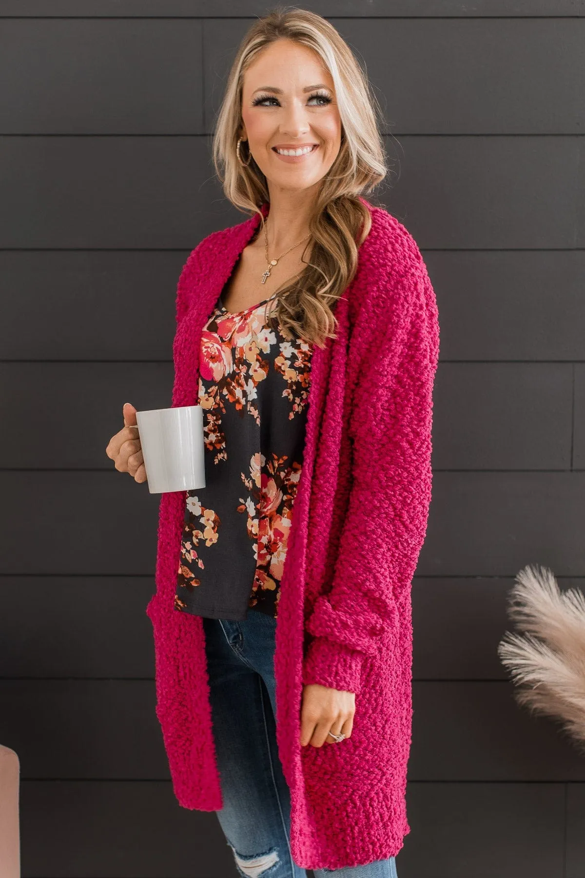 Take Another Look Popcorn Cardigan- Hot Pink