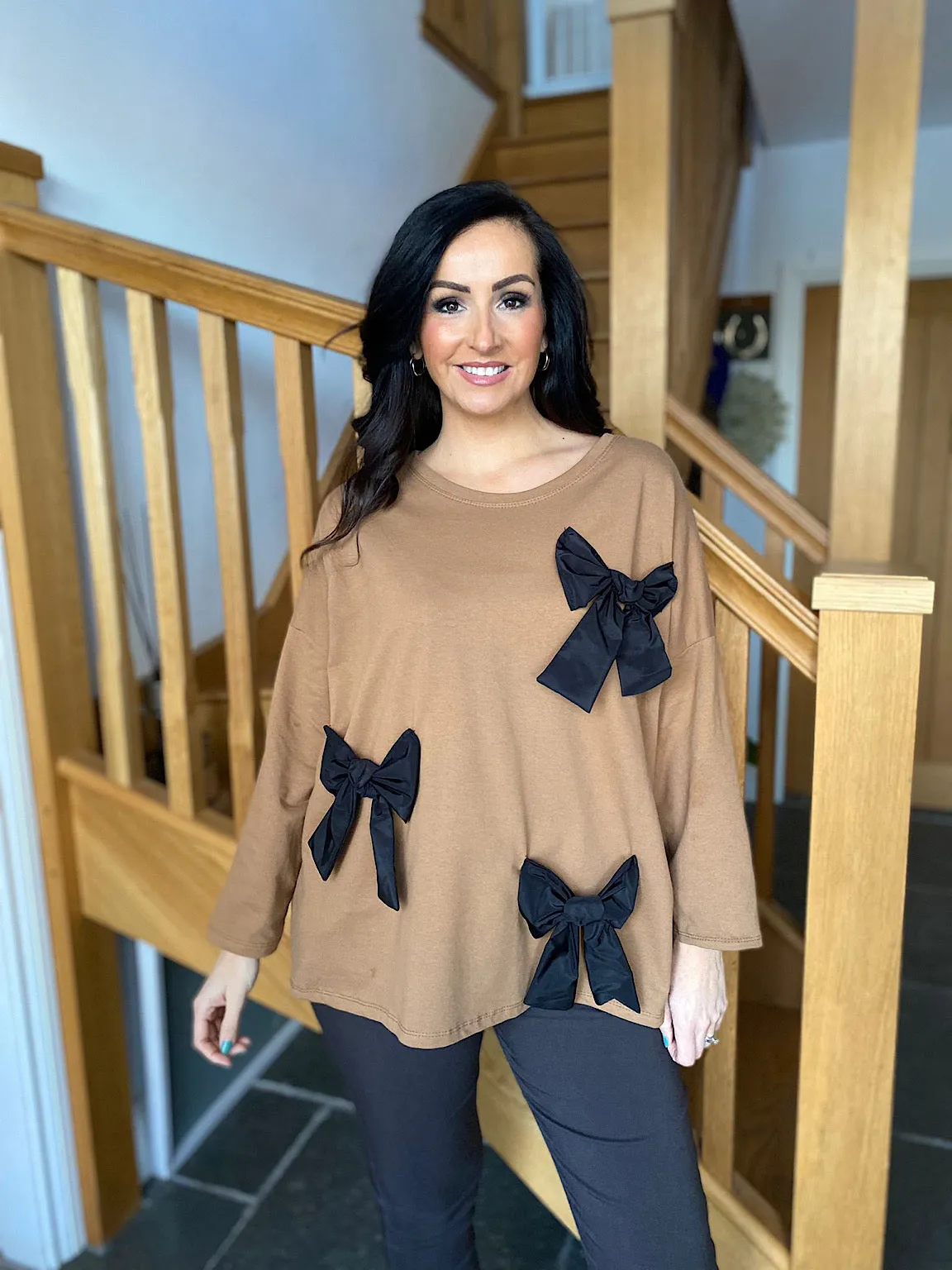 Tan Round Neck Bow Top Poppy