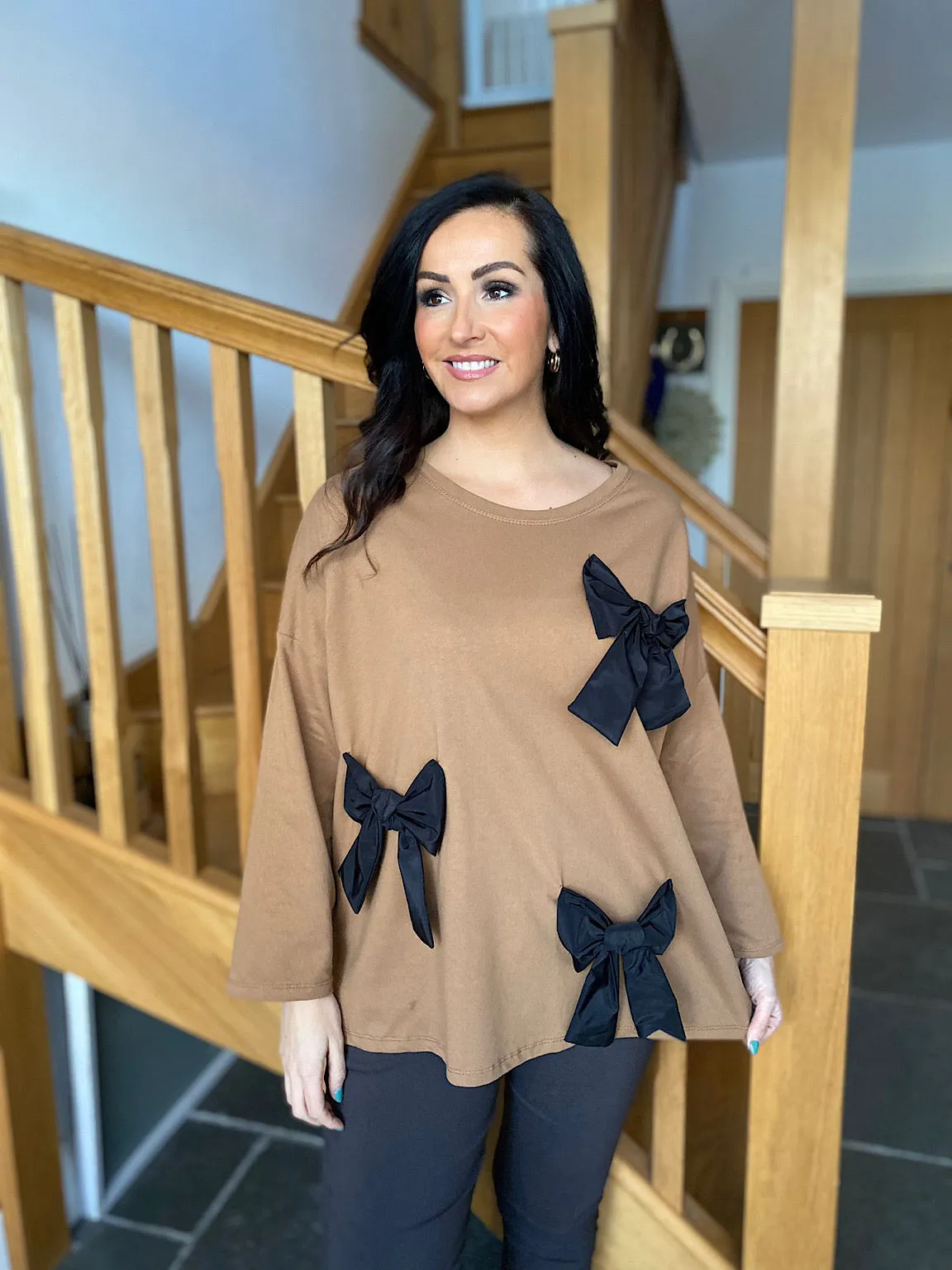 Tan Round Neck Bow Top Poppy