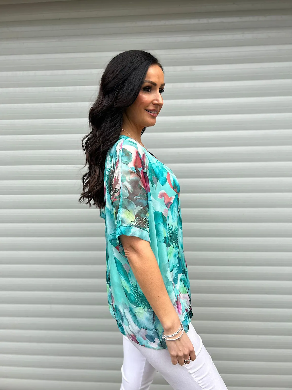 Teal Vibrant Floral Tie Back Floaty Top Denise