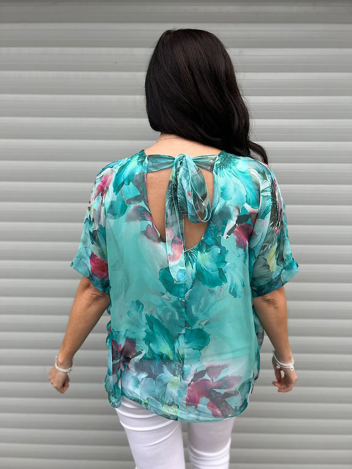 Teal Vibrant Floral Tie Back Floaty Top Denise