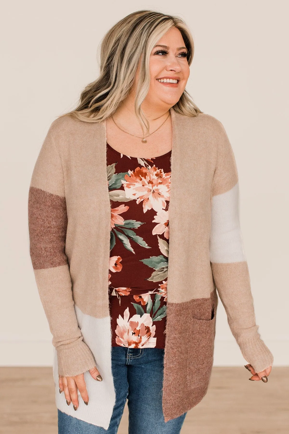 Timeless Love Color Block Cardigan- Taupe & Copper