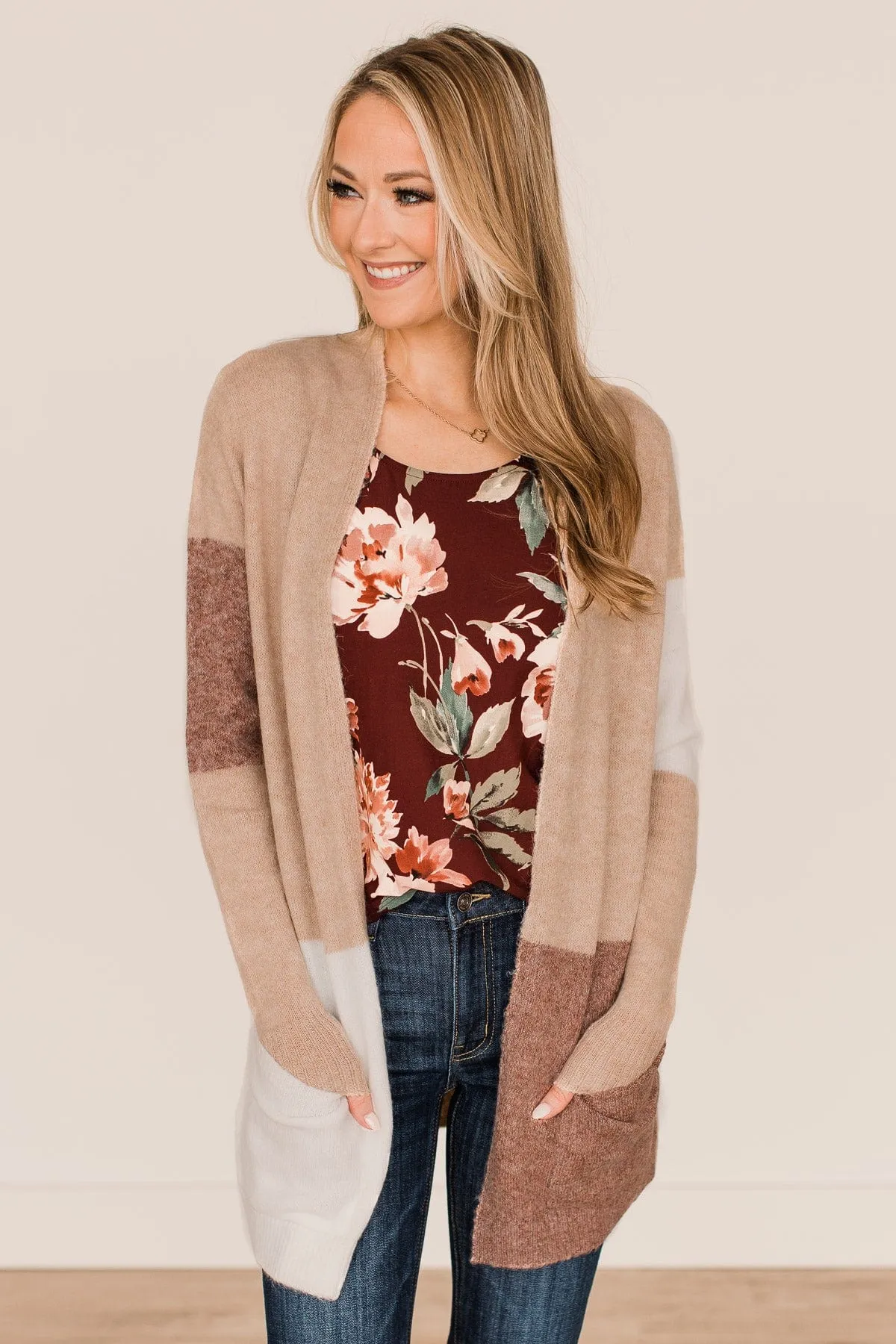 Timeless Love Color Block Cardigan- Taupe & Copper