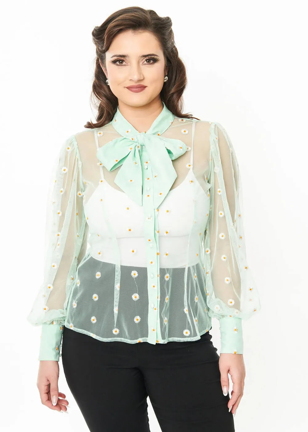 Unique Vintage Gwen Daisy 40's Blouse Green White