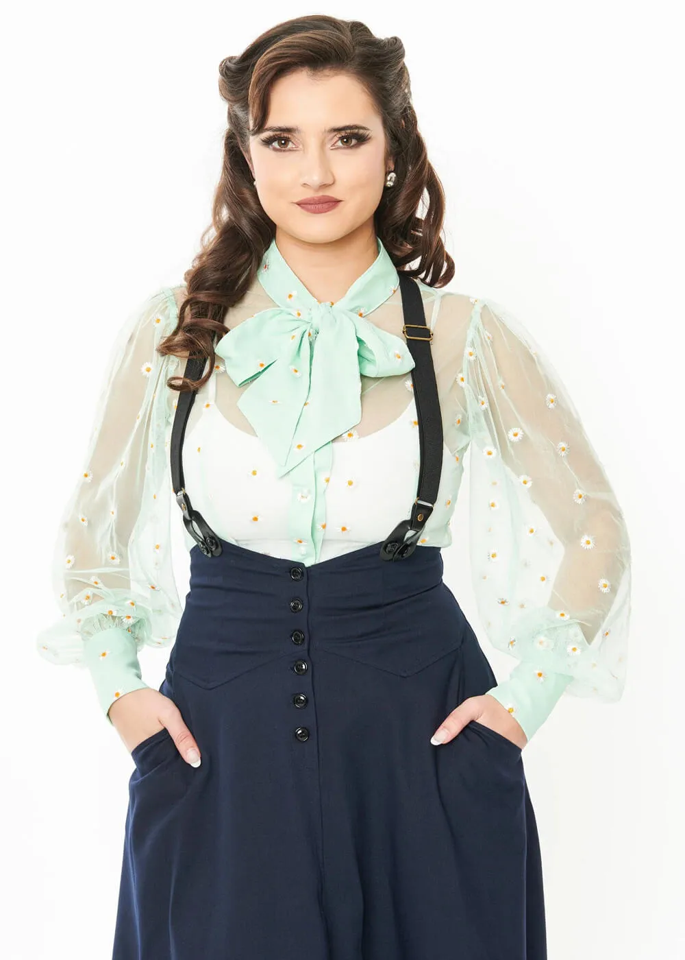 Unique Vintage Gwen Daisy 40's Blouse Green White