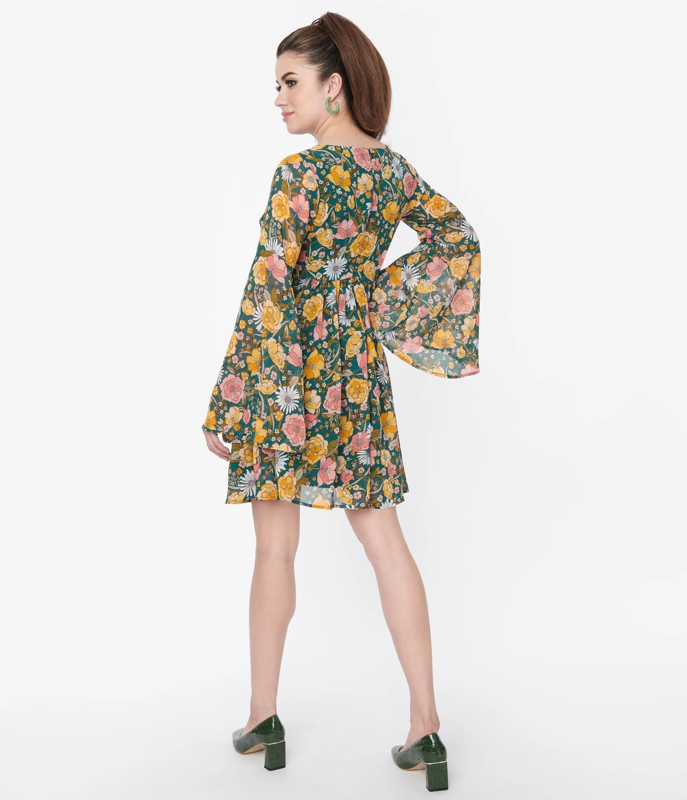 Unique Vintage Hunter Green Floral Empire Waist Dress