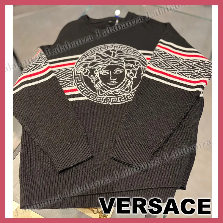 VERSACE  |Long Sleeves Plain Logo Luxury Outlet Sweaters