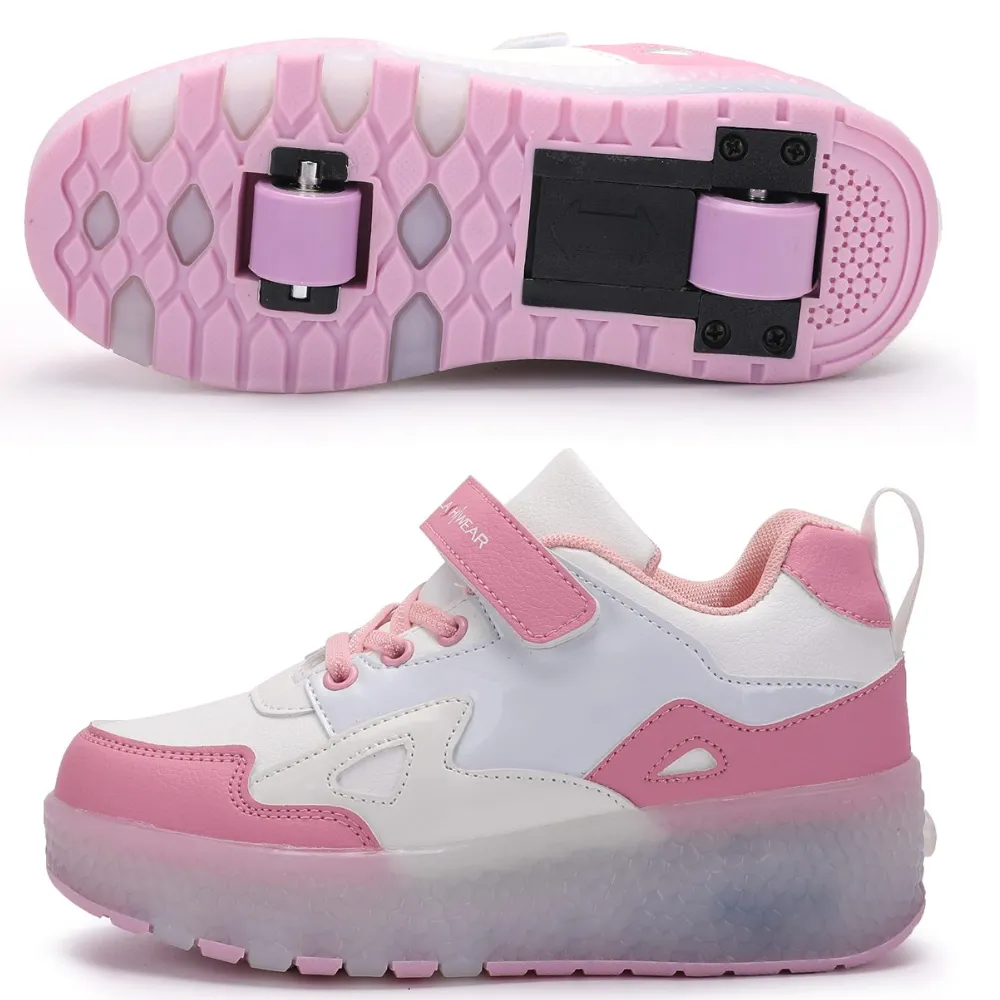 White/Pink Roller Light up Rechargeable Shoes