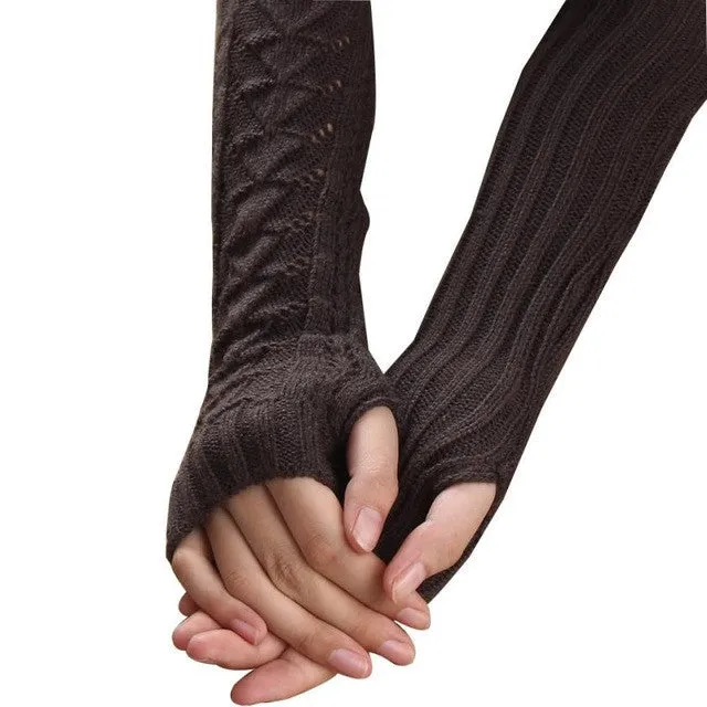 Women Long Gloves Knitted Warmer Hand Gloves Winter Autumn Hollow Out Fingerless Gloves Luvas De Inverno#B920 SM6