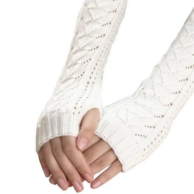 Women Long Gloves Knitted Warmer Hand Gloves Winter Autumn Hollow Out Fingerless Gloves Luvas De Inverno#B920 SM6