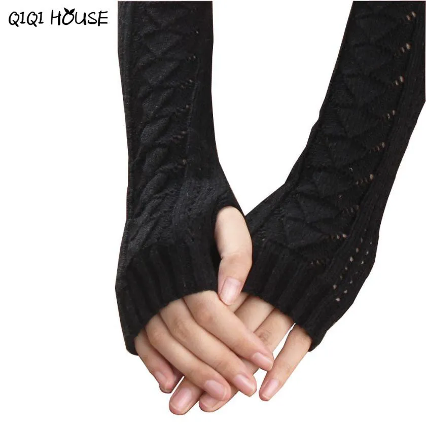 Women Long Gloves Knitted Warmer Hand Gloves Winter Autumn Hollow Out Fingerless Gloves Luvas De Inverno#B920 SM6