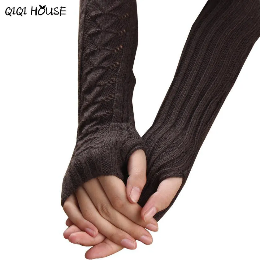 Women Long Gloves Knitted Warmer Hand Gloves Winter Autumn Hollow Out Fingerless Gloves Luvas De Inverno#B920 SM6