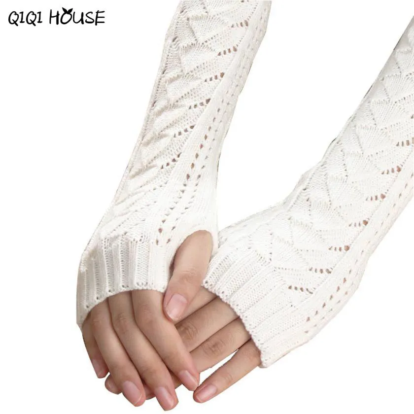 Women Long Gloves Knitted Warmer Hand Gloves Winter Autumn Hollow Out Fingerless Gloves Luvas De Inverno#B920 SM6