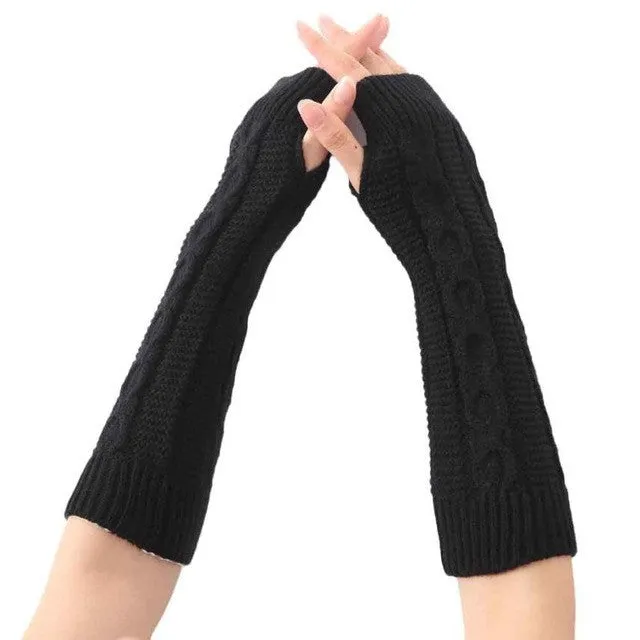 Women's Knitted Long Gloves Solid Soft Warm Elbow Length Fashion Gloves For Female Women Fingerless Mittens GS