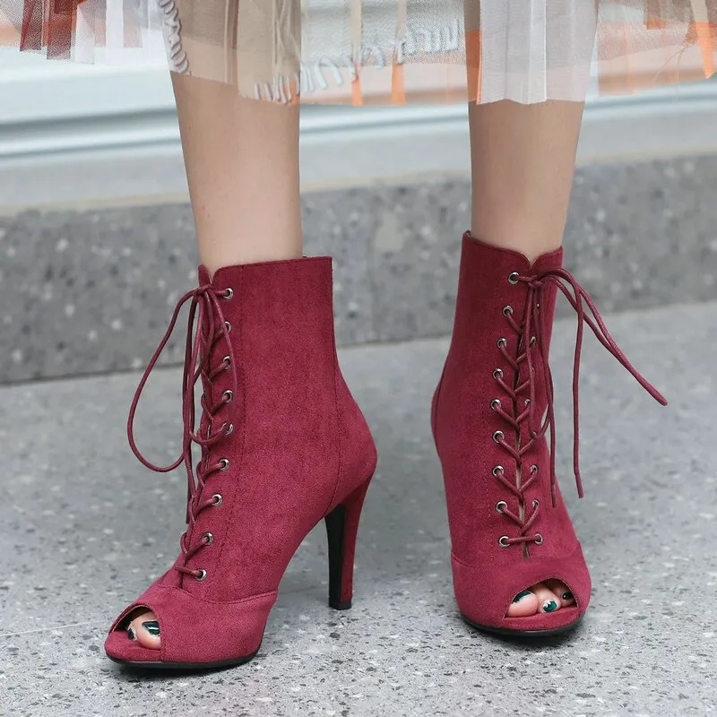 Women's Sexy Lace-up Open-Toe Thin High Heel Ankle Boot Shoes