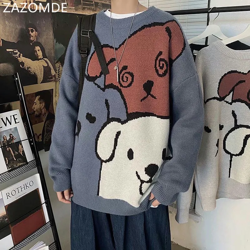 Xituodai Harajuku Cartoon Bear Vintage Sweater Men Winter Warm Thick Knitted Pullovers 2022 Couples Sweater Hip Hop Clothing Men