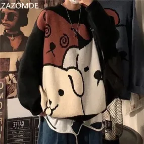 Xituodai Harajuku Cartoon Bear Vintage Sweater Men Winter Warm Thick Knitted Pullovers 2022 Couples Sweater Hip Hop Clothing Men