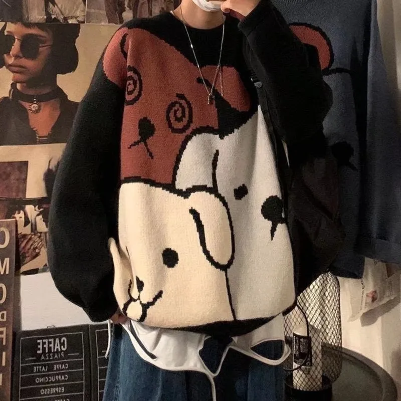 Xituodai Harajuku Cartoon Bear Vintage Sweater Men Winter Warm Thick Knitted Pullovers 2022 Couples Sweater Hip Hop Clothing Men